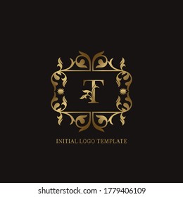 Golden T Initial logo. Frame emblem ampersand deco ornament monogram luxury logo template for wedding or more luxuries identity