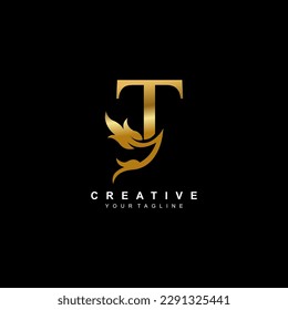 Golden T letter logo design with beautiful luxury floral element