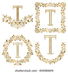 Golden T letter ornamental monograms set. Heraldic symbols in wreaths, square and round frames.