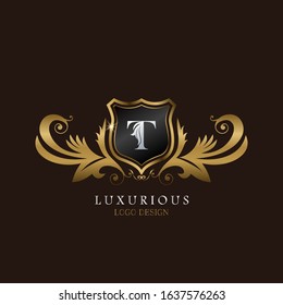 Golden  T Logo Luxurious Shield, creative vector design concept for luxury business indentity.