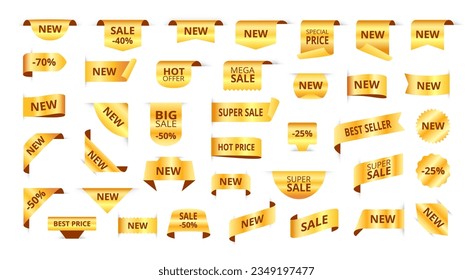 Golden tags. New label ribbons, gold sale sticker and discount badges. Promotion offer banners vector bundle of ribbon gold label for sale and promotion