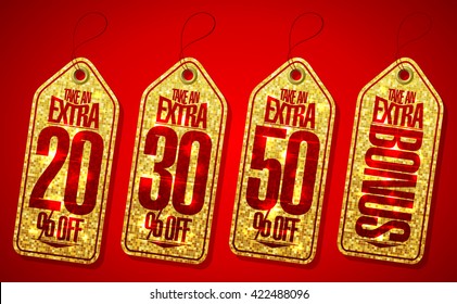 Golden take an extra bonus coupons tags set - 20 percents,30 percents, 50 percents and extra bonus