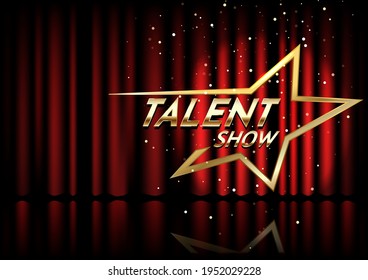 Golden talent show text in the star over red curtain. Event invitation poster. Festival performance banner. Shiny glowing gold advertising inscription. Vector illustration