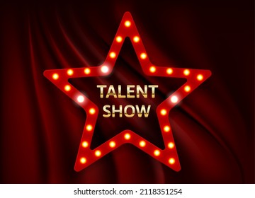 Golden talent show text in the star over red curtain. Event invitation poster. Festival performance banner. Shiny glowing gold advertising inscription. Vector illustration