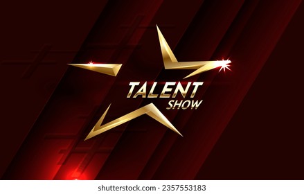 Golden talent show text in the star over red curtain. Event invitation poster. Festival performance banner. Shiny glowing gold advertising inscription. Vector illustration