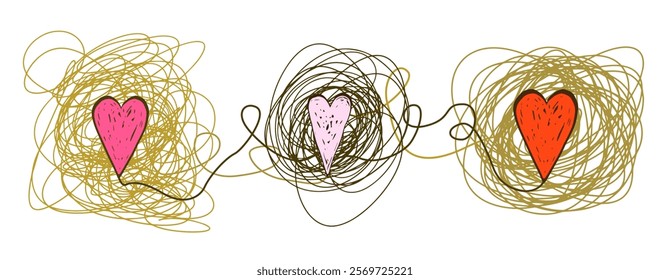 Golden tangled messy line with pink and red hearts, Romantic vector banner, poster, greeting card