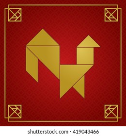 Golden tangram rooster on red background, abstract geometric art. Tangram solution card, ancient Chinese puzzle game, tiling puzzle. Rooster outline made of tangram pieces, geometric shapes. Vector