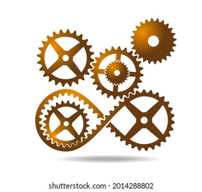 Golden tape with teeth mobius loop and gears. Drive transmission. Number eight 8