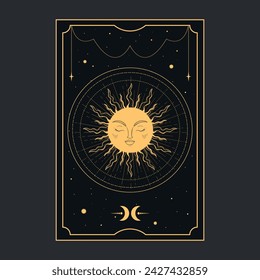 Tarot dorado con un sol mágico. Simbolismo del tarot. Misterio, astrología, esotérica. Ilustración de vector