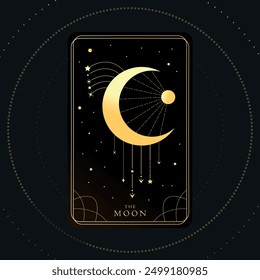 Golden Tarot card of Major Arcana the Moon. Shiny crescent decorated with chains and stars. Tarot symbolism. Mystery, astrology, esoteric. Vector illustration