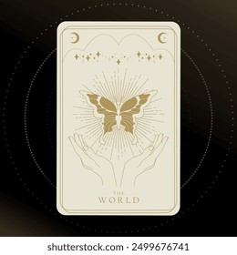 Tarjeta de tarot de oro de los Arcanos Mayores del Mundo. Tarjeta de tarot en colores dorados y blancos. Simbolismo del Tarot. Misterio, astrología, esotérico. Ilustración vectorial