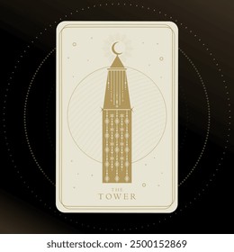 Tarjeta de tarot dorado del Mayor Arcana en la Torre. Tarjeta de tarot en colores dorados y blancos. Simbolismo del Tarot. Misterio, astrología, esotérico. Ilustración vectorial