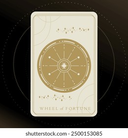 Golden tarot card of Major Arcana Wheel of Fortune. Tarot card in golden and white colors. Tarot symbolism. Mystery, astrology, esoteric. Vector illustration