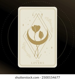 Golden tarot card of Major Arcana the Lovers. Two intertwined flowers on shiny crescent background. Tarot symbolism. Mystery, astrology, esoteric. Vector illustration