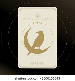 Golden tarot card of Major Arcana the Hermit. Tarot card in golden and white colors. Tarot symbolism. Mystery, astrology, esoteric. Vector illustration