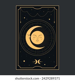 Golden Tarot card with moon and crescent. Tarot symbolism. Mystery, astrology, esoteric. Vector illustration