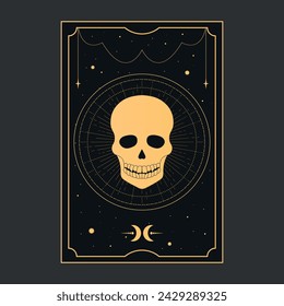 Golden Tarot card with a skull symbolizing Death. Tarot symbolism. Mystery, astrology, esoteric. Vector illustration