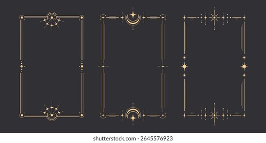 Coleção de quadros de tarô dourado com símbolos da lua celeste em fundo escuro - bordas retangulares místicas com estrelas, crescentes e canto ornamentado para design de cartão espiritual. Elegante decoração oculta