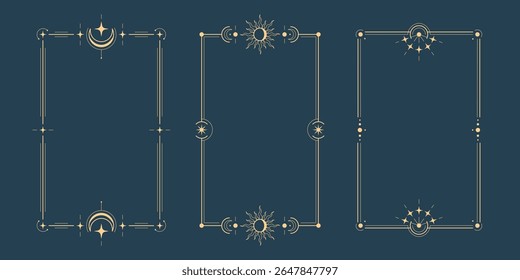 Coleção de quadros de tarô dourado com símbolos da lua celeste no fundo azul - bordas retangulares místicas com estrelas, crescentes e canto ornamentado para design de cartão espiritual. Elegante decoração oculta