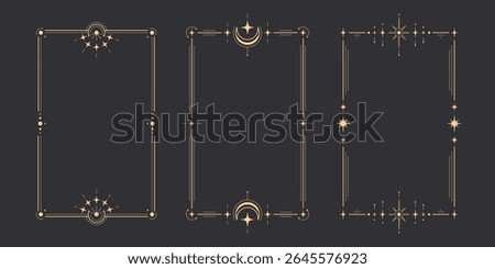 Golden tarot frame collection with celestial moon symbols on dark background - mystical rectangular borders with stars, crescents and ornate corner for spiritual card design. Elegant occult decoration