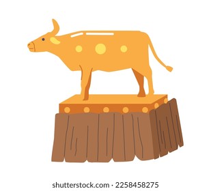 Golden Taurus Standing on Wooden Pedestal. Idol Created by Ancient Jews in Desert for Worship. Betrayal by God Chosen People Isolated on White Background. Cartoon Vector Illustration