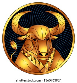 Golden taurus zodiac sign, astrological icon, horoscope symbol. Stylized graphic gilded portrait of the stately ox. A proud bull with gilt big twisted horns. Powerful mule looking to the side. Vector.