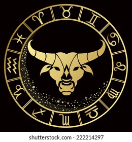 Golden Taurus zodiac sign. Vector Illustration 