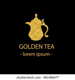 Golden tea. National Oriental dishes.Stylized image of Arab pitcher.Sign to create an identity for the store, the coffee shop.Effect of the Golden glitter.