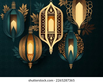 Golden And Teal Blue Arabic Lamps Hang With Leaves Decorated Islamic Pattern Background.