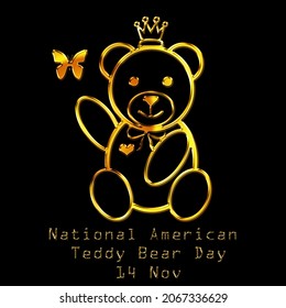 Oso de peluche Golden Teddy con una corona en la cabeza jugando con mariposa aislado de fondo negro, Día del oso de peluche nacional americano 14 de noviembre