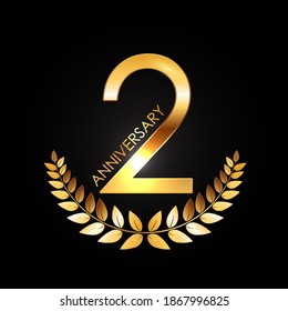 Logo de la plantilla de oro 2 años de aniversario con imagen del vector de la corona de Laurel