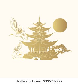 Golden temple, crane and bonsai tree. Japanese art for t-shirt, print and stickers. Hand drawn vector illustration isolated on white background.