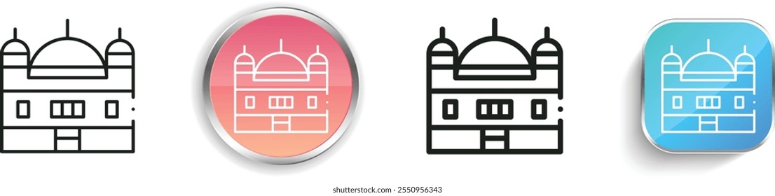 Icono de templo dorado. Diseño de estilo lineal delgado, regular y de Botón aislado sobre fondo blanco