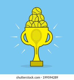 Golden tennis award trophy blue background 