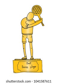 golden tennis reward, a man on a pedestal, the best tennis player,a man with a racket,vector image, flat design, doodle style