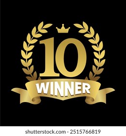 Golden Tenth winner badge featuring the number Ten, laurel wreath, and a crown. Perfect for illustrating achievement, runner-up awards, or competitive results in various designs.