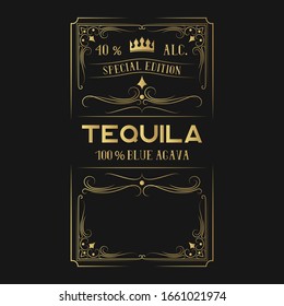 Golden tequila label for drink bar bottle. Gold vintage alcohol frame for pub with lettering.