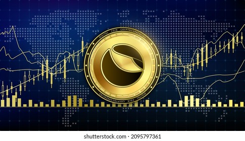 Golden terra currenc coin. Electronic crypto currency modern technology. Digital cryptocurrency block chain market token banner. On world map chart background. 3D Vector.