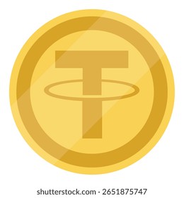 Moeda de criptomoeda tether dourada isolada no fundo branco. Ícone de design do logotipo Tether USDT. Ilustração vetorial