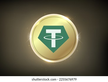 Banner de Cripto de la Tetera Dorada USDT .  Tether USDT criptodivisa símbolo de la moneda de oro aislado en moneda de oro 