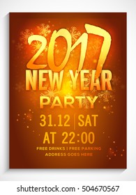 Golden Text 2017 New Year Party on snowflakes decorated shiny background. Can be used as template, banner, flyer or invitation card design.