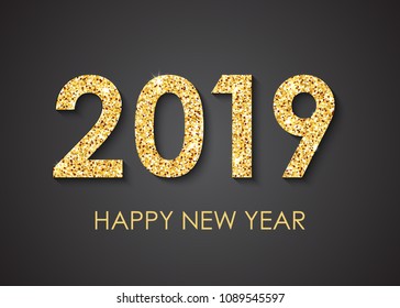 Golden text 2019 Happy New Year text for greeting card on black background, calendar, invitation. Vector illustration.