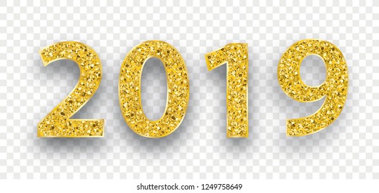 Golden text 2019 on the checked background.  Eps 10 vector file.
