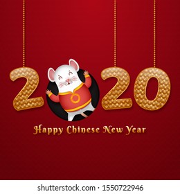 Golden text 2020 hanging with cartoon character of rat dancing on red seamless circle pattern background for Happy Chinese New Year celebration.