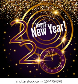 Golden text, 2020 happy new year. Flying golden particles on black background. Modern futuristic style. Design poster or banner.