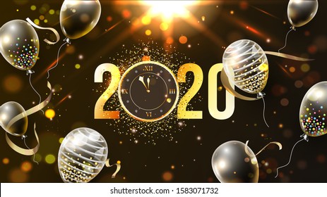 Golden Text 2020 with Wall Clock and Balloons Decorated on Brown Bokeh Lighting Effect Background.