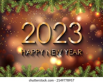 Golden text 2023 Happy New Year greeting card, calendar, invitation, holiday background. Vector illustration.