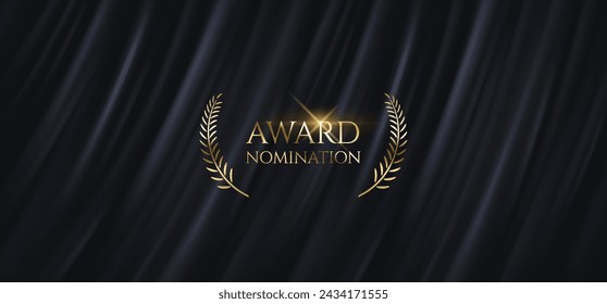 Golden text Award nomination with laurel branches realistic vector illustration. Victory in business and art contests symbol on black curtain background