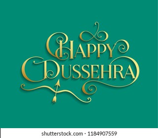 Golden text calligraphic inscription Happy Dussehra festival Indian with bow and arrow with a shadow on a blue green background. Vector illustration