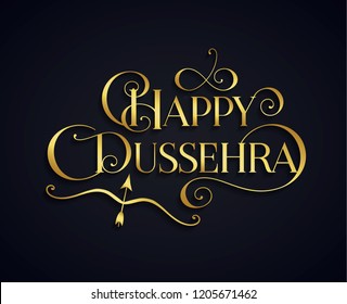 Golden text calligraphic inscription Happy Dussehra festival Indian with bow and arrow with a shadow on a dark blue background. Vector illustration
